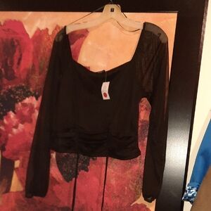 Ambiance NWT PLUS SIZE Black Sheer Sleeve Blouse crop Top Bust 37"-40"